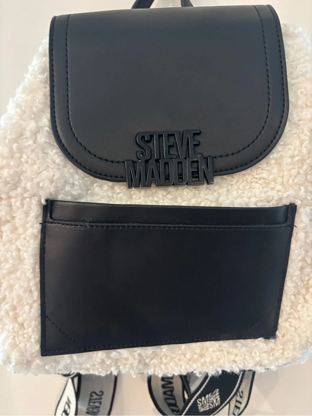 NWT Steve Madden Black/Cream Faux-Shearling Backpack BMAKENNA Retail $98